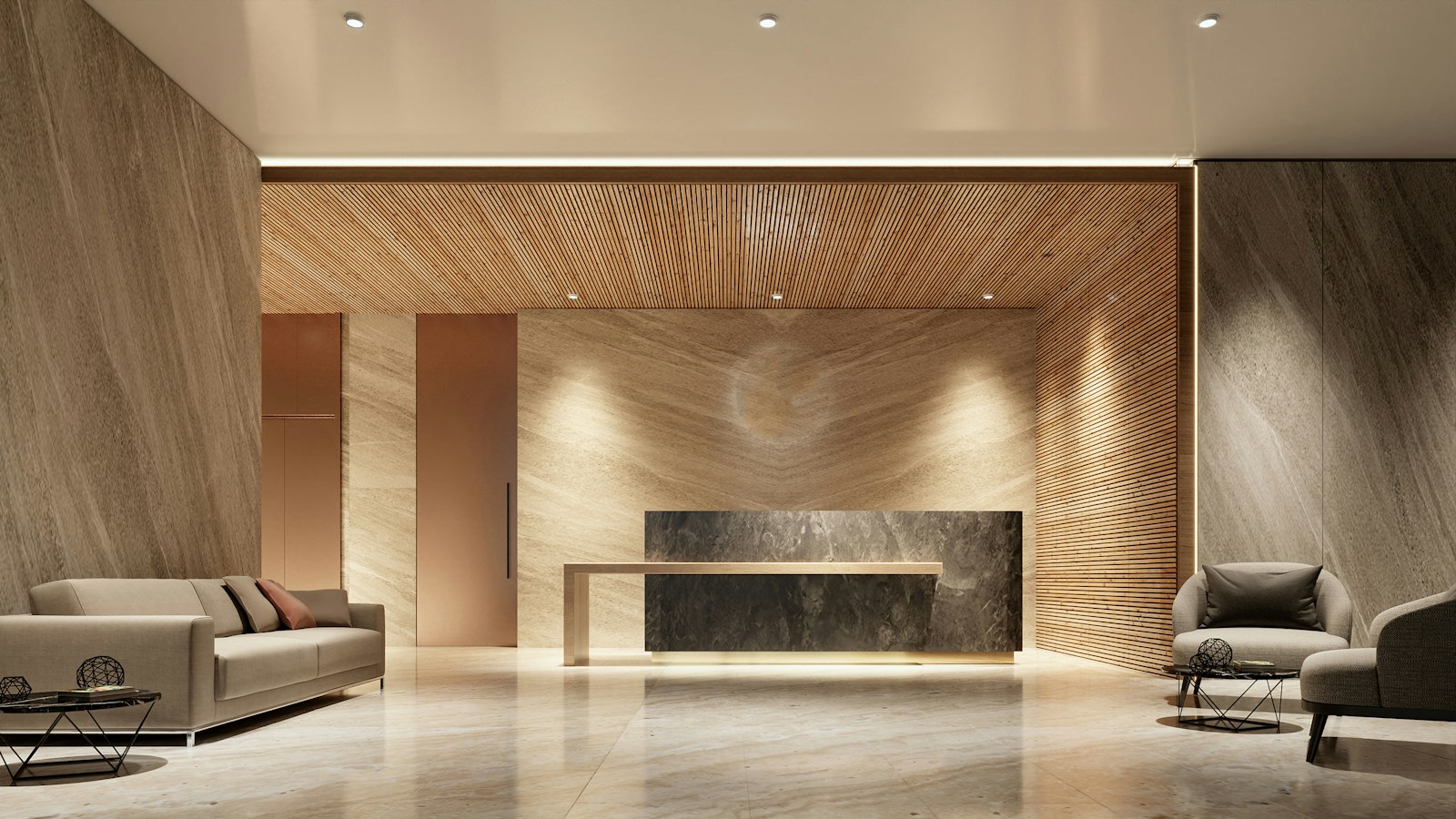 A thoughtfully designed contemporary reception with warm natural finishes